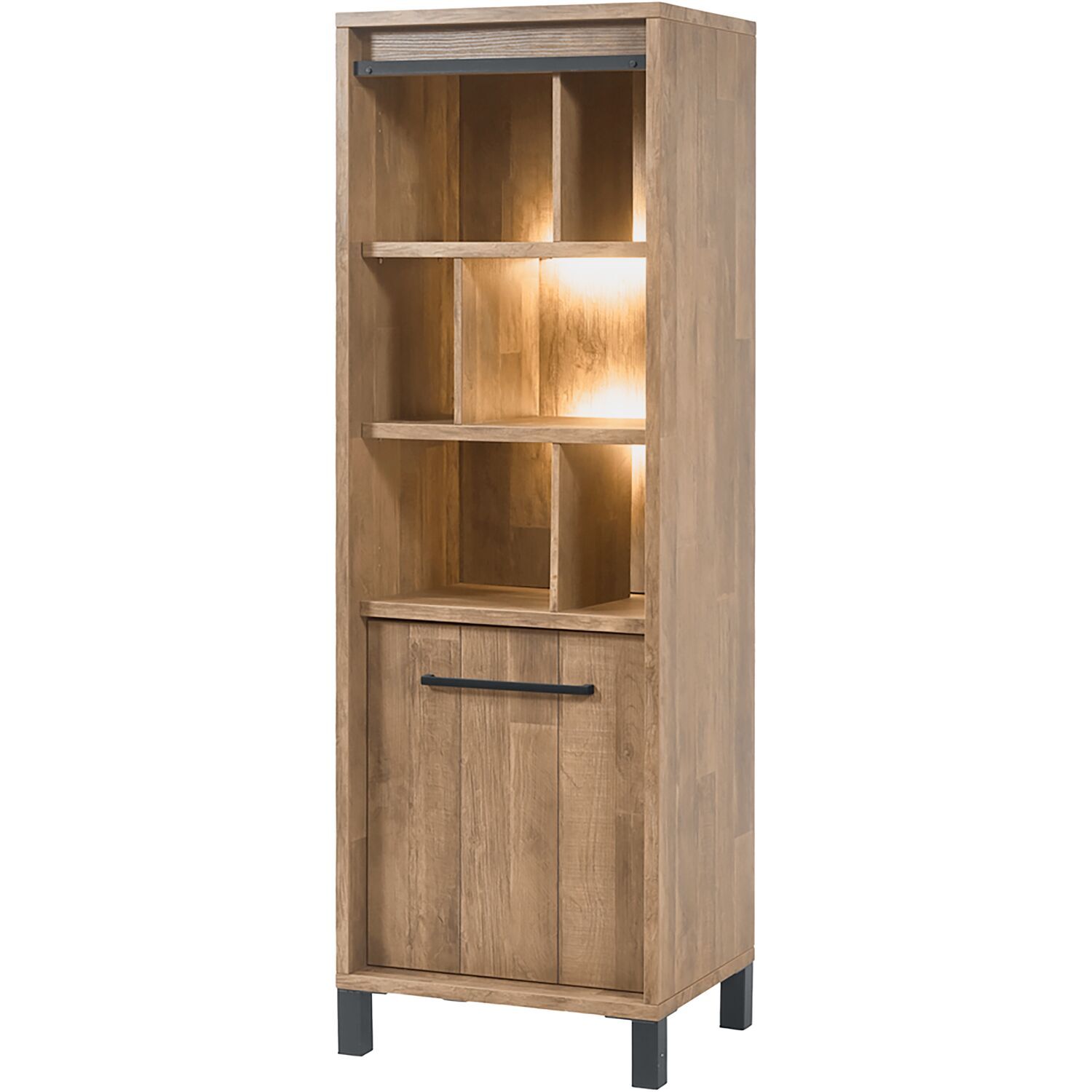 Opbergkast Alva smal 1 deur (linksdraaiend) 6 open vakken in melamine old teak