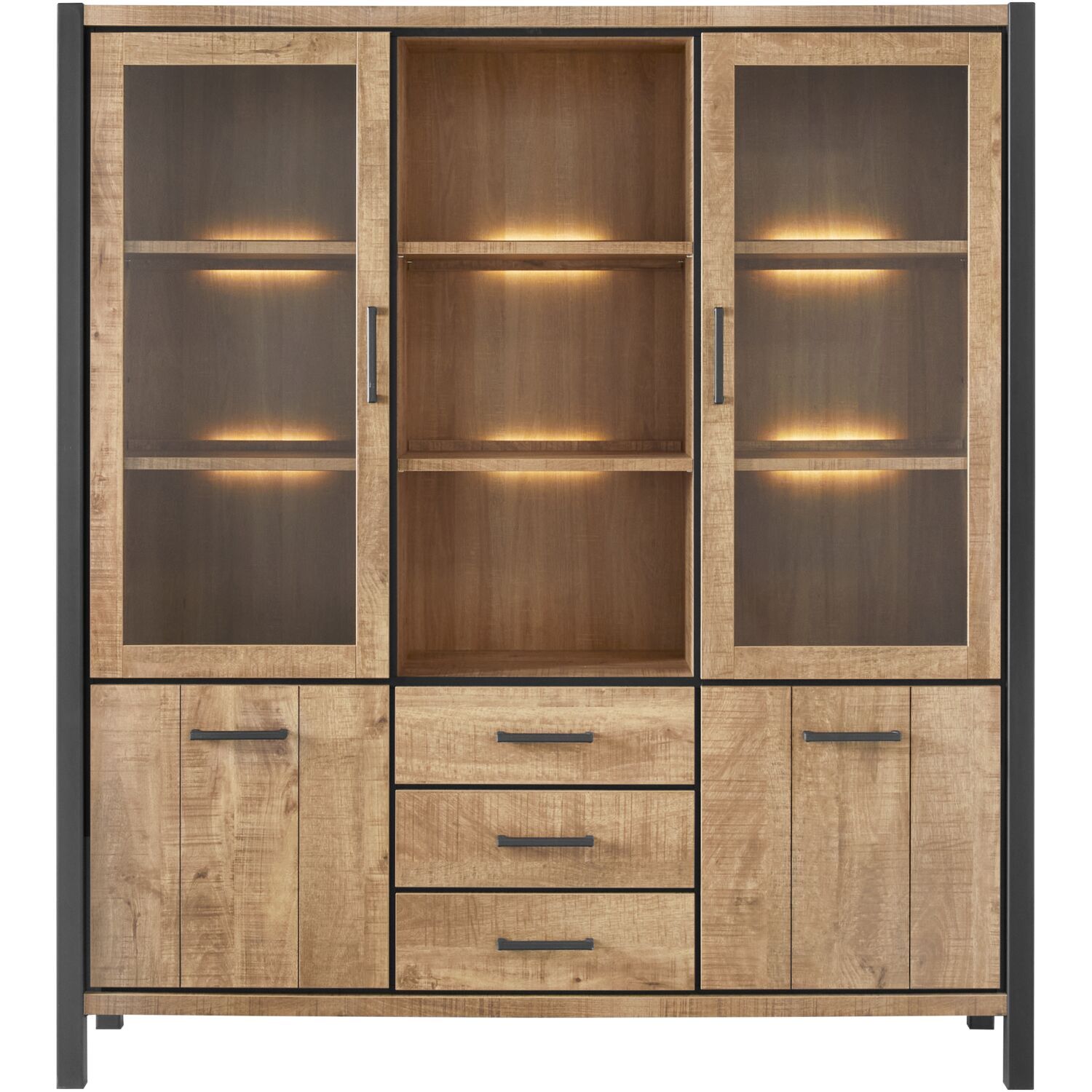 Vitrinekast Mantera 2 glas deuren 2 deuren 3 lades 3 open vakken mango