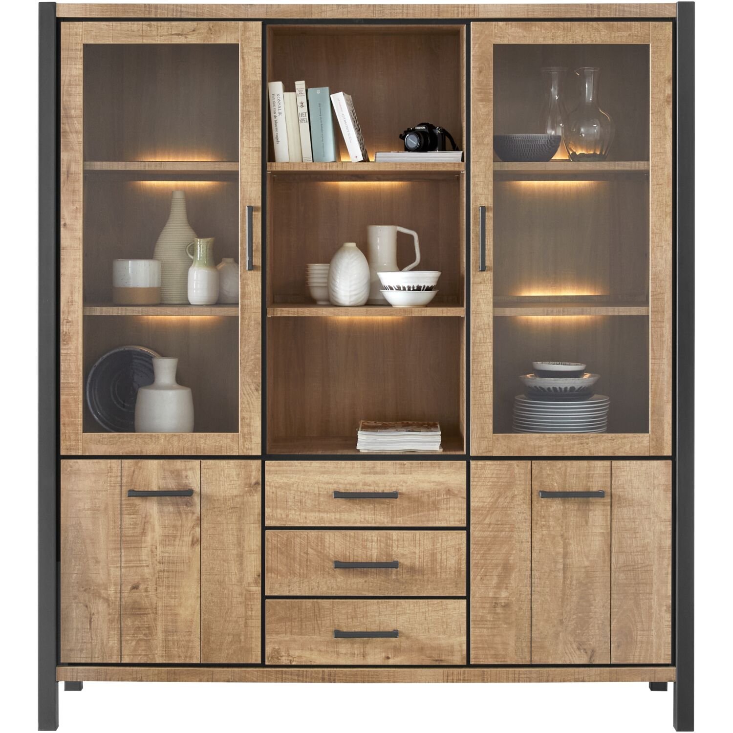 Vitrinekast Mantera 2 glas deuren 2 deuren 3 lades 3 open vakken mango