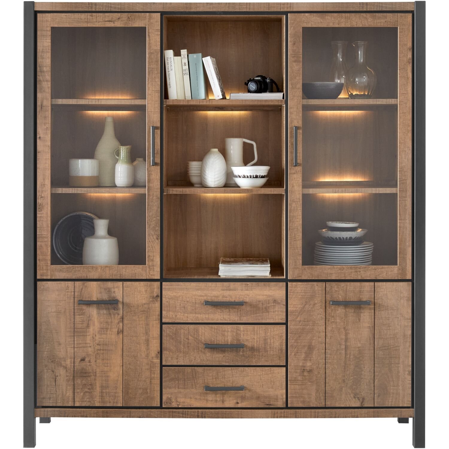 Vitrinekast Mantera 2 glas deuren 2 deuren 3 lades 3 open vakken dark mango