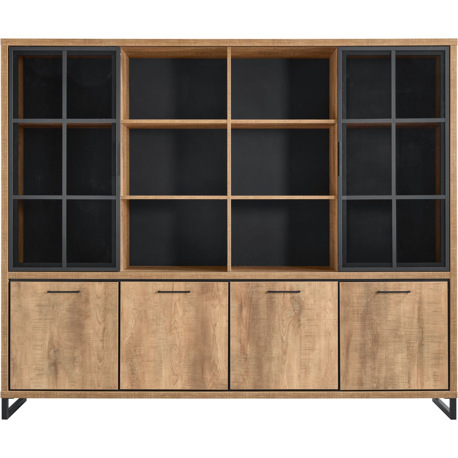 Wandmeubel Imbaro 4 deurs 2 glazen schuifdeuren 6 open vakken in mango decor