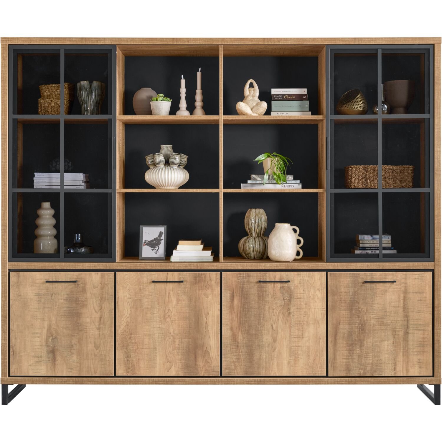 Wandmeubel Imbaro 4 deurs 2 glazen schuifdeuren 6 open vakken in mango decor