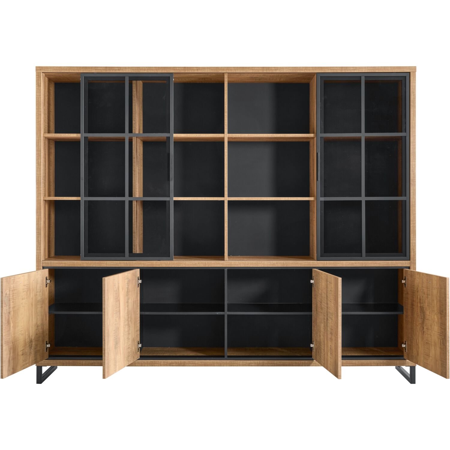 Wandmeubel Imbaro 4 deurs 2 glazen schuifdeuren 6 open vakken in mango decor