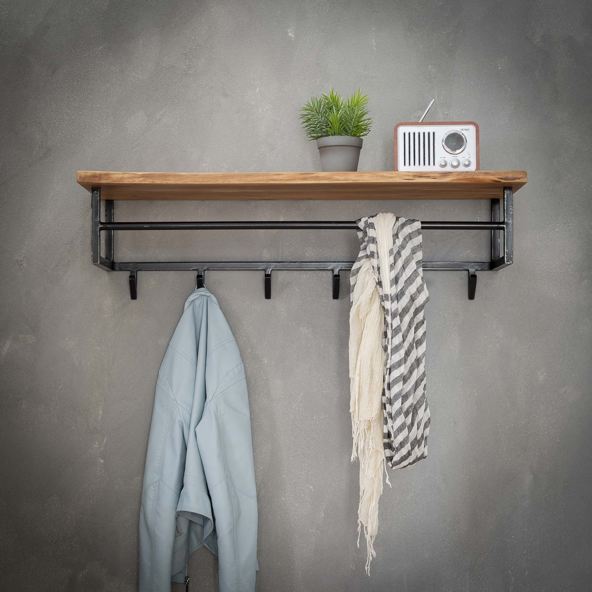 Kapstok edge 6 haken hoedenplank / Massief acacia naturel