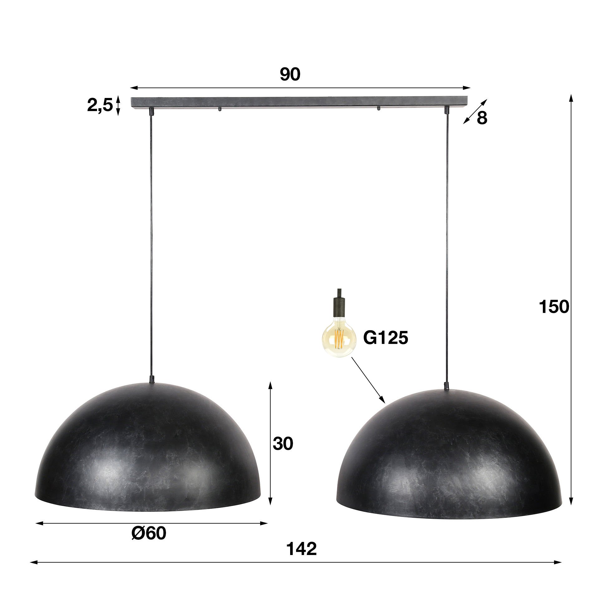 Hanglamp Dome 2x Ø60 charcoal
