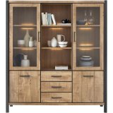 Vitrinekast Mantera 2 glas deuren 2 deuren 3 lades 3 open vakken mango