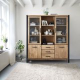 Vitrinekast Mantera 2 glas deuren 2 deuren 3 lades 3 open vakken mango