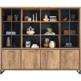 Wandmeubel Imbaro 4 deurs 2 glazen schuifdeuren 6 open vakken in mango decor